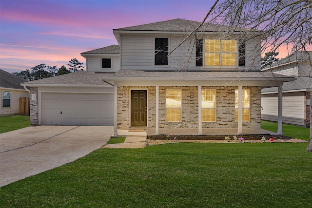 13757 Bighorn Trl, Willis, TX 77378 - traditional home with covered porch, roof with shingles, an attached garage, and a lawn