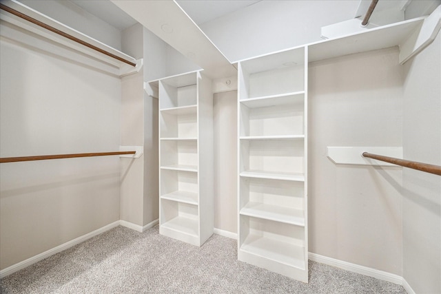 walk in closet with light colored carpet