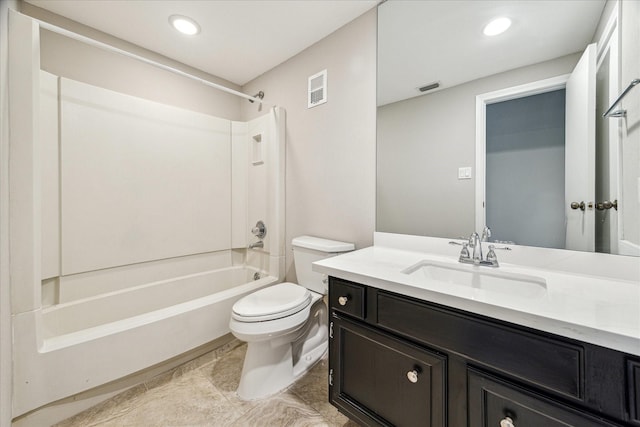 bathroom featuring toilet, visible vents, shower / washtub combination, and vanity