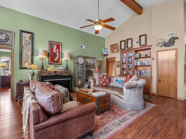 living room with high vaulted ceiling, visible vents, wood finished floors, and beamed ceiling