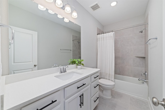 full bathroom featuring visible vents, toilet, shower / tub combo with curtain, tile patterned floors, and vanity