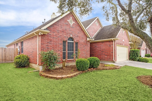 view of front of property featuring driveway, brick siding, a chimney, and fence