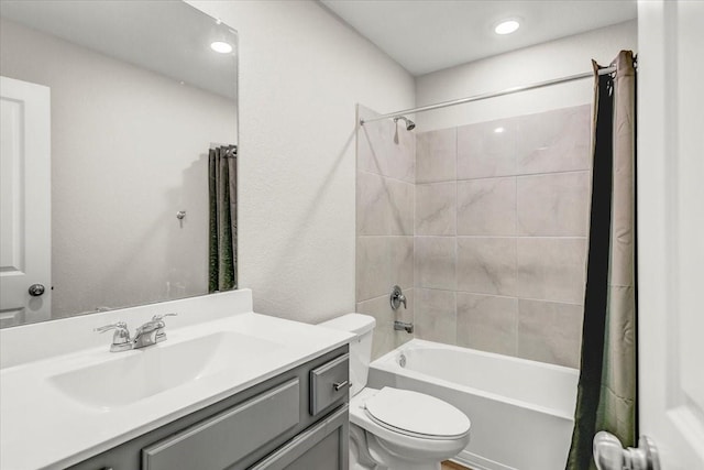 full bathroom with vanity, shower / bath combination with curtain, toilet, and recessed lighting