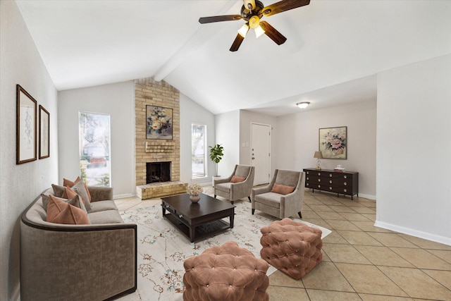 living room with lofted ceiling with beams, tile patterned flooring, baseboards, a brick fireplace, and ceiling fan