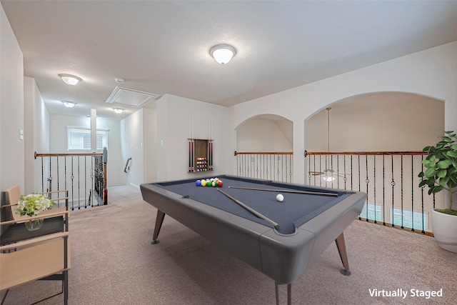 playroom with light carpet, attic access, and billiards