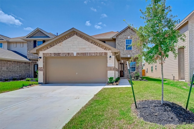 view of front facade with an attached garage, brick siding, driveway, stone siding, and a front yard