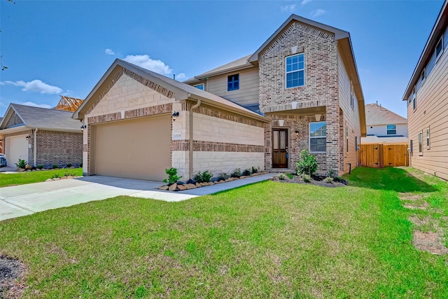 traditional-style house featuring a front lawn, brick siding, driveway, and an attached garage