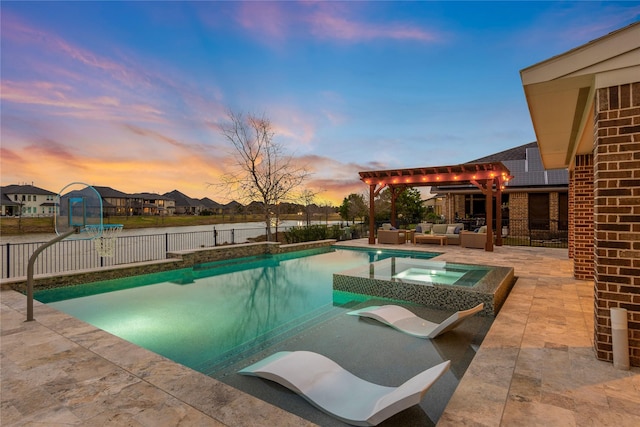 view of swimming pool featuring a patio, a fenced backyard, a pergola, a pool with connected hot tub, and an outdoor hangout area