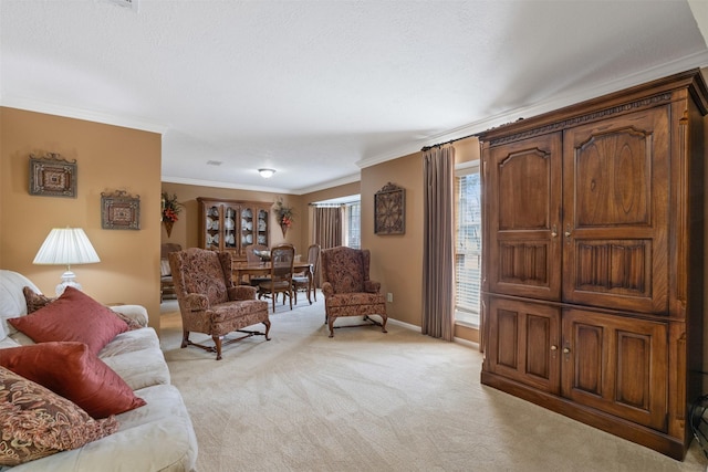 living area with light carpet, baseboards, and crown molding