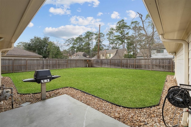 view of yard with a fenced backyard and a patio