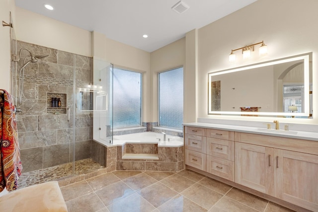 full bathroom featuring recessed lighting, visible vents, a stall shower, vanity, and a bath