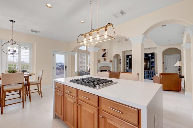 kitchen with recessed lighting, open floor plan, visible vents, and stainless steel gas stovetop