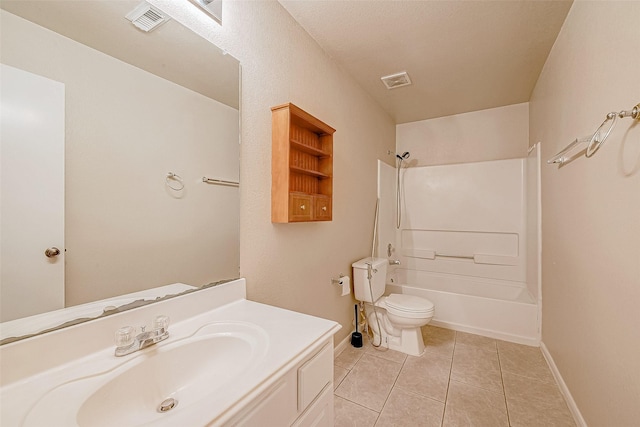 bathroom featuring bathtub / shower combination, visible vents, toilet, vanity, and tile patterned floors