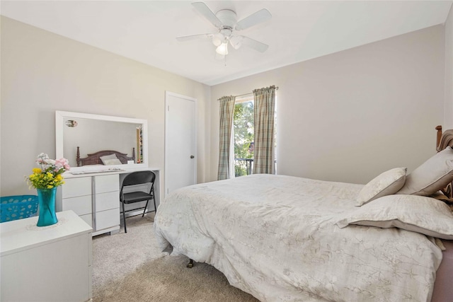 bedroom featuring light colored carpet and ceiling fan