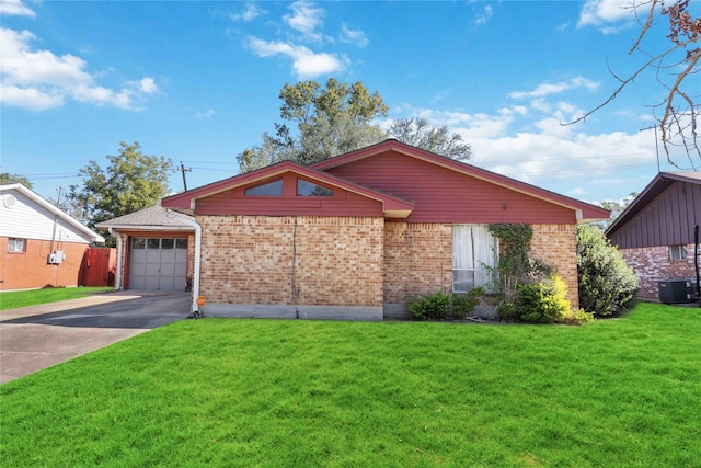 ranch-style home with driveway, central AC unit, an attached garage, a front lawn, and brick siding