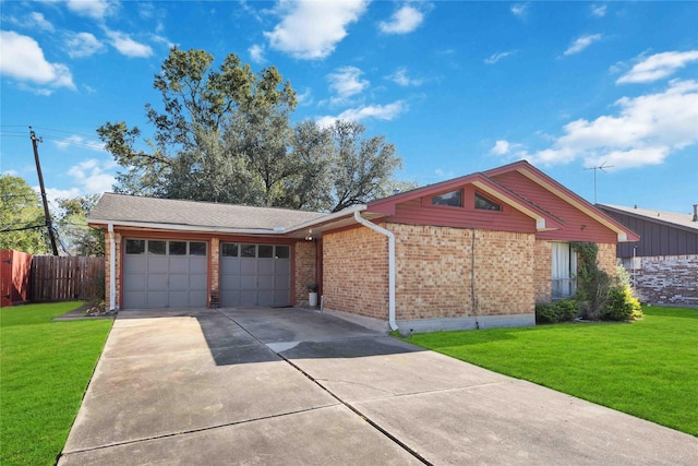 view of front of home featuring concrete driveway, brick siding, an attached garage, and a front lawn