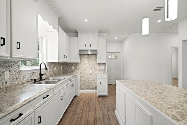 kitchen with ventilation hood, white cabinets, a sink, and pendant lighting