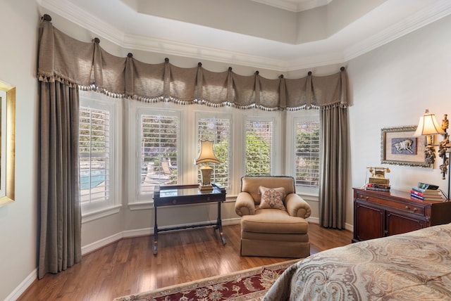 bedroom with a raised ceiling, baseboards, and wood finished floors