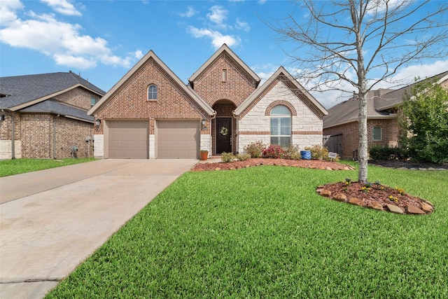 view of front facade with brick siding, an attached garage, stone siding, driveway, and a front lawn