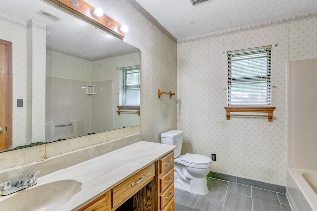 full bath featuring tile patterned flooring, vanity, baseboards, visible vents, and wallpapered walls