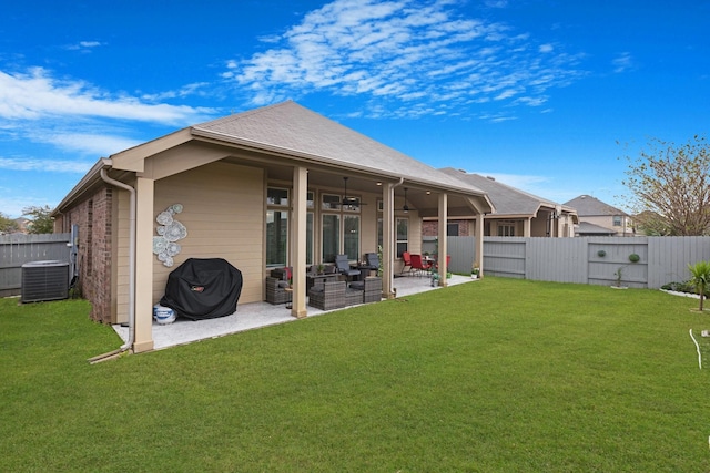 back of property featuring cooling unit, a fenced backyard, a patio, and a lawn