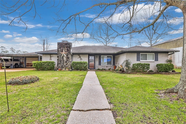 5826 Russell Ln, Baytown, TX 77521 - view of front of property with a front yard, brick siding, a chimney, and roof with shingles