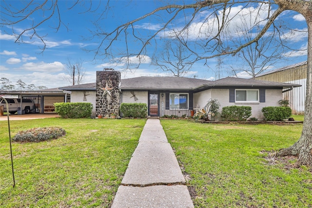 view of front of property with a front yard, brick siding, a chimney, and roof with shingles