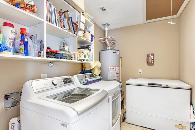 5826 Russell Ln, Baytown, TX 77521 - washroom featuring laundry area, visible vents, water heater, washing machine and clothes dryer, and attic access