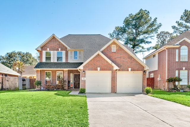 traditional-style house with brick siding, a porch, concrete driveway, a front yard, and fence