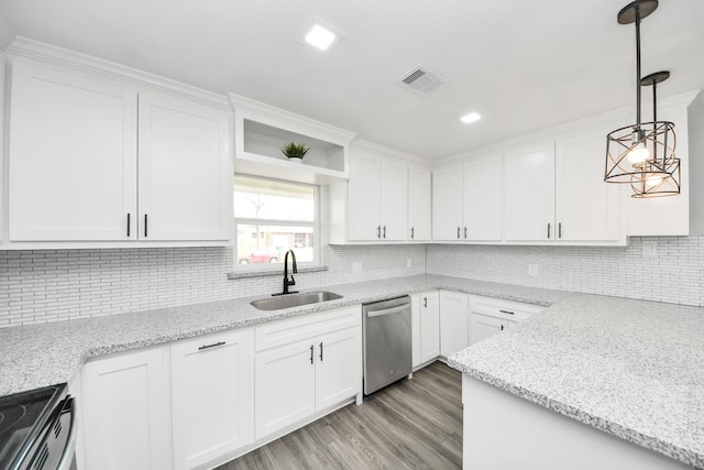 kitchen featuring pendant lighting, white cabinetry, a sink, and stainless steel dishwasher