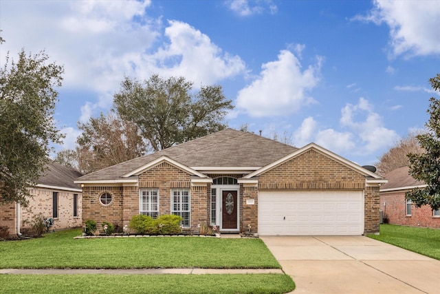 ranch-style house featuring brick siding, roof with shingles, concrete driveway, a front yard, and a garage