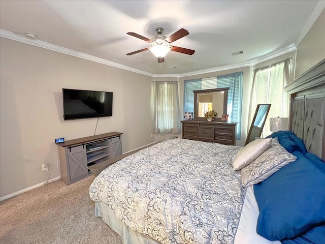 bedroom featuring light carpet, baseboards, visible vents, ceiling fan, and crown molding