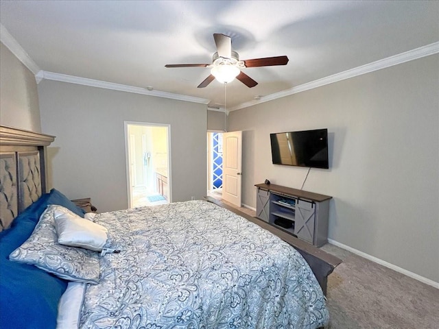 bedroom featuring baseboards, ceiling fan, ornamental molding, ensuite bathroom, and carpet