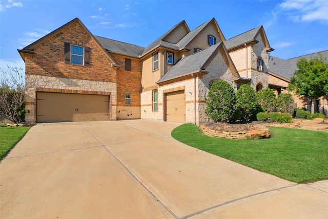 view of front of house featuring concrete driveway, stone siding, brick siding, and an attached garage