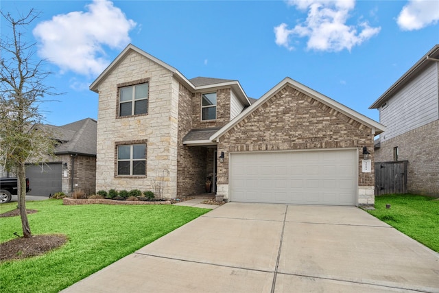 traditional-style home with brick siding, roof with shingles, concrete driveway, a front yard, and a garage