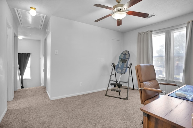 carpeted office space with baseboards, attic access, visible vents, and a wealth of natural light