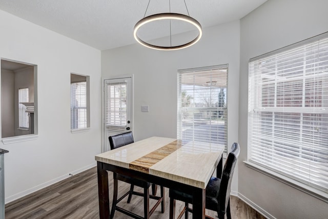 dining room with dark wood finished floors and baseboards