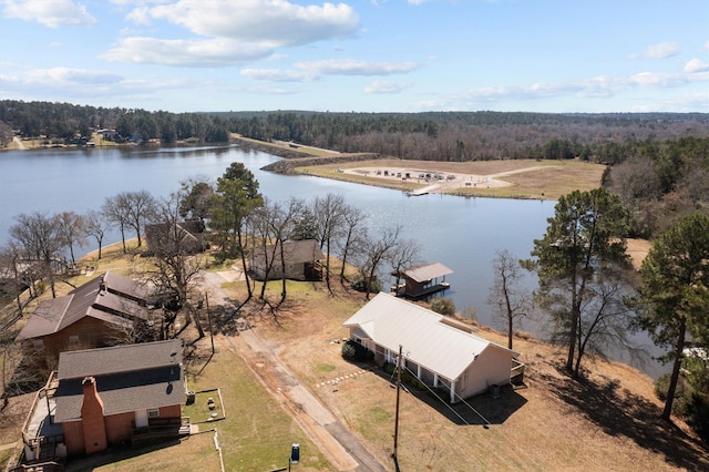 drone / aerial view featuring a forest view and a water view