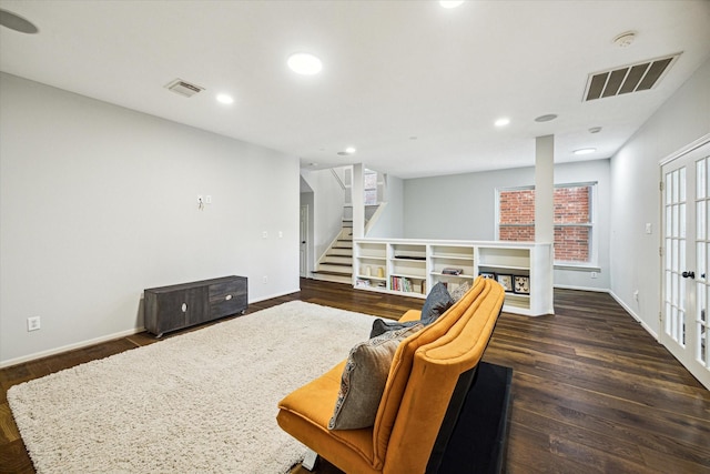 living area with visible vents, stairway, dark wood-style flooring, french doors, and recessed lighting