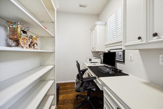 home office with dark wood-style floors, visible vents, and baseboards