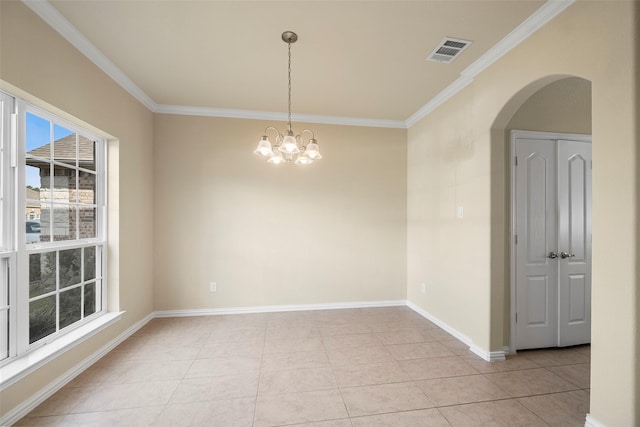 unfurnished room with visible vents, crown molding, baseboards, and light tile patterned floors