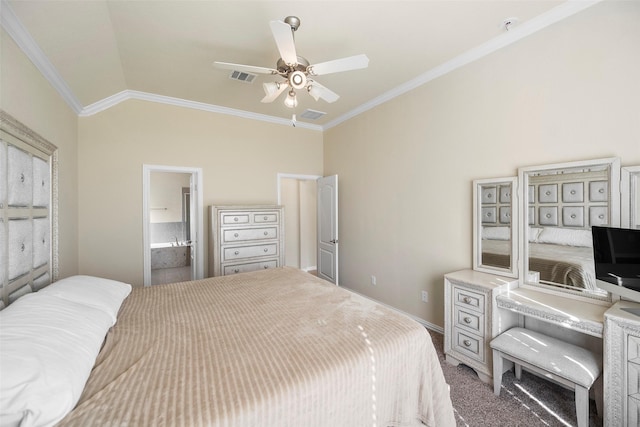 bedroom with lofted ceiling, carpet, visible vents, and crown molding