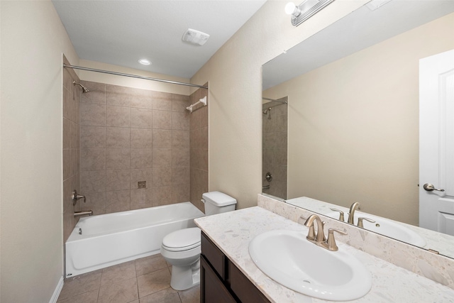 full bathroom featuring bathing tub / shower combination, vanity, toilet, and tile patterned floors