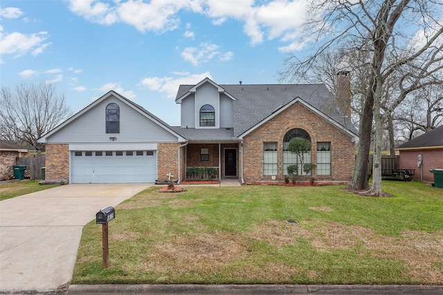 traditional-style house with a garage, brick siding, a shingled roof, driveway, and a front lawn