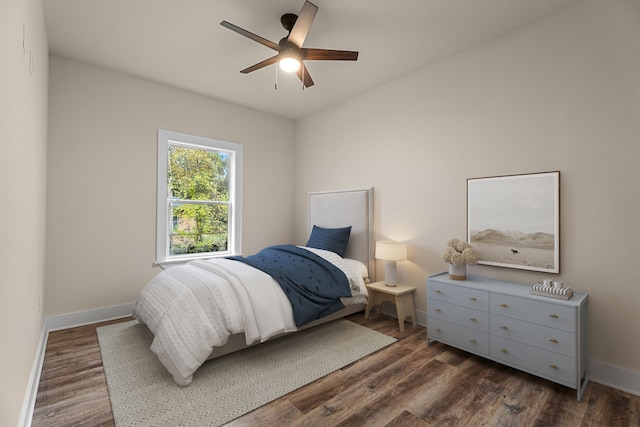 bedroom with ceiling fan, baseboards, and dark wood-type flooring