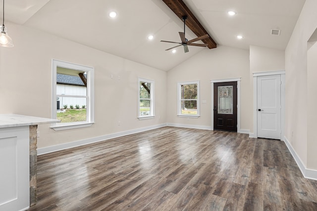 unfurnished living room featuring vaulted ceiling with beams, recessed lighting, dark wood-style floors, and baseboards