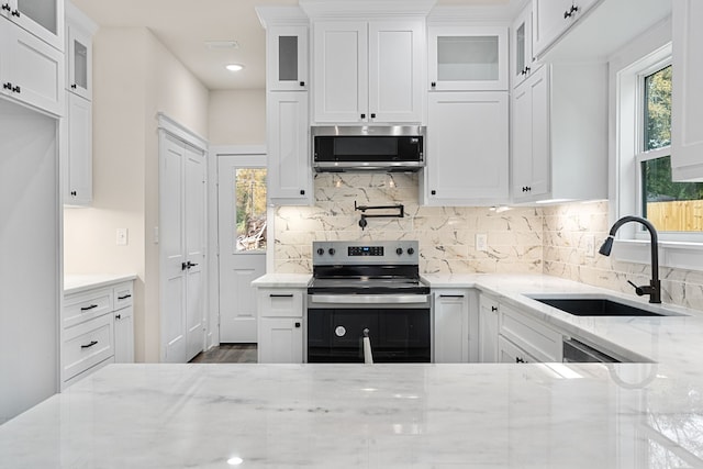 kitchen featuring glass insert cabinets, stainless steel appliances, and a sink