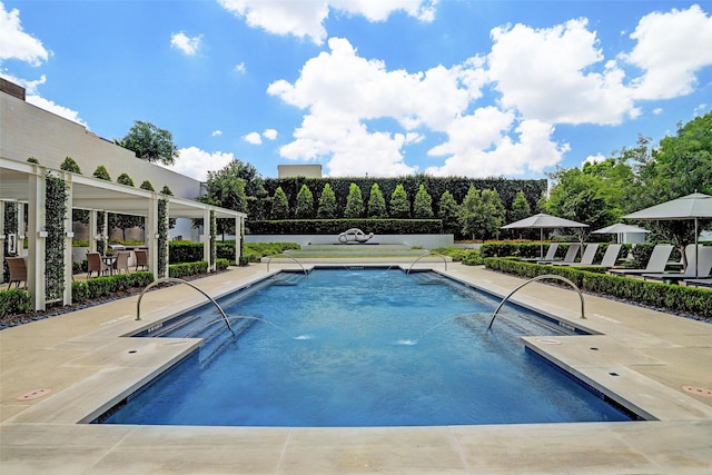 view of swimming pool featuring a patio area