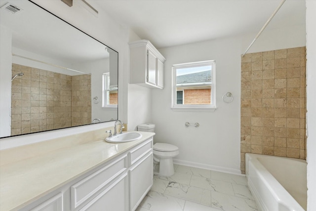 full bathroom featuring marble finish floor, visible vents, toilet, shower / tub combination, and baseboards