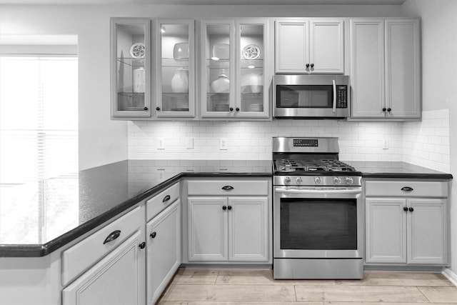 kitchen featuring a wealth of natural light, appliances with stainless steel finishes, light wood-style flooring, and glass insert cabinets